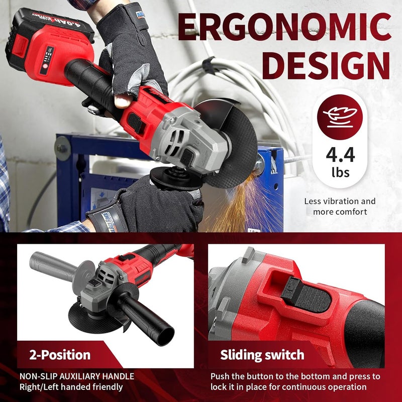 FULLYEA Cordless Angle Grinder,4-1/2 inch Brushless Electric Grinder Power Tools, 12000 RPM, 2x4.0Ah Battery, 3 Variable Speeds Metal Grinder with Auxiliary Handle for Cutting, Grinding, Polishing - Image 5